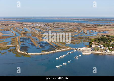 France, Charente Maritime, Ile de Ré, Loix, le port, le moulin à marée et les marais salants (vue aérienne) Banque D'Images