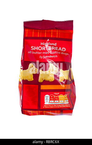 Sachet de sablés écossais tous les chiens mini beurre de scottie par Sainsbury's isolé sur fond blanc Banque D'Images