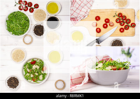 Étape par étape de recette Salade de collage sur bois blanc Banque D'Images