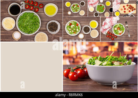 Collage étape par étape la recette Salade de roquette sur bois marron foncé Banque D'Images