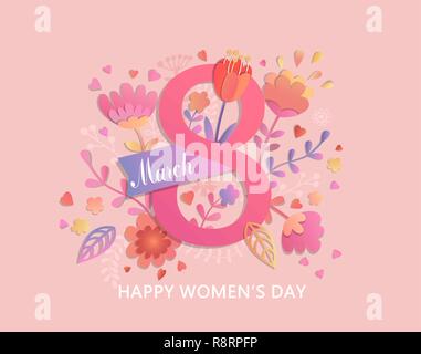 La Journée internationale de la femme. Bannière, flyer pour le 8 mars par la décoration de fleurs en papier et ruban. Féliciter et souhaiter bonne fête carte pour newsletter, brochures, cartes postales. Vector illustration. Illustration de Vecteur