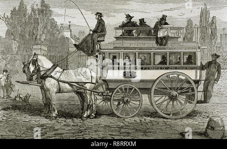 Omnibus à chevaux. Gravure de H. Linton dans 'L'Univers illustre'' (1862). Banque D'Images