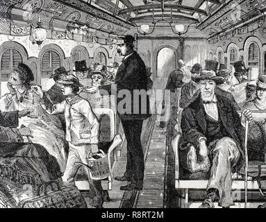 Voiture de chemin de fer. Vue de l'intérieur avec les passagers. United States. Gravure du xixe siècle. Banque D'Images