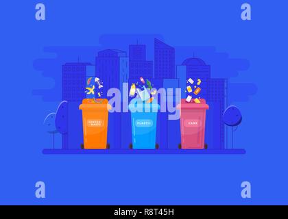 Recyclage des déchets et l'utilisation de concept. Collection de poubelles à déchets triés. Illustration de Vecteur
