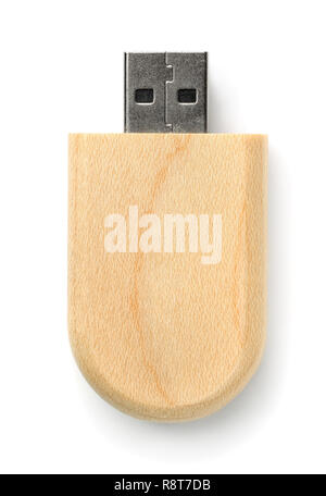Vue de dessus du lecteur flash USB en bois isolé sur blanc Banque D'Images