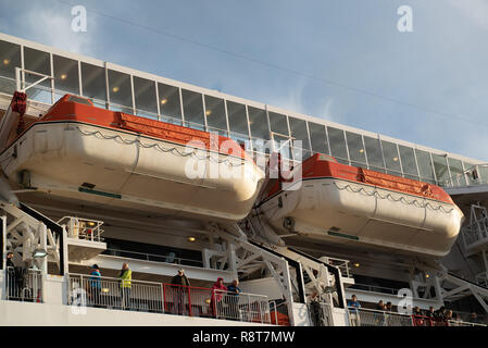Bateau de sauvetage canot blanc rouge sur le pont d'un ferry Banque D'Images