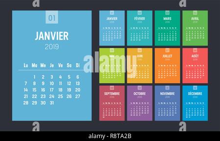 Année 2019 Calendrier minimaliste coloré, en langue française, sur fond noir. Semaine commence lundi. Modèle de scénario. Illustration de Vecteur