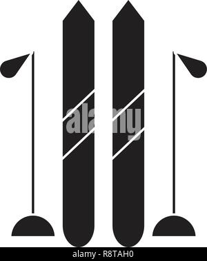 Bâtons de ski et ski vecteur icône noire concept. Bâtons de ski et ski télévision illustration, sign Illustration de Vecteur