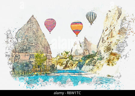 Une aquarelle ou une illustration. Montgolfières dans le ciel de Cappadoce en Turquie. La célèbre attraction touristique de la Cappadoce est un vol d'air Banque D'Images