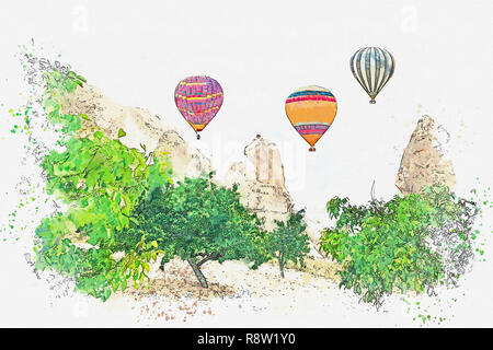 Une aquarelle ou une illustration. Montgolfières dans le ciel de Cappadoce en Turquie. La célèbre attraction touristique de la Cappadoce est un vol d'air Banque D'Images