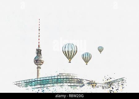 Une aquarelle ou une illustration. L'architecture de Berlin. La tour de la télévision sur la place du nom de l'Alexanderplatz. Montgolfières volent dans le Banque D'Images