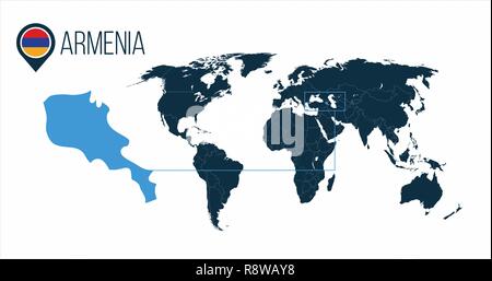 Situation de l'Arménie sur la carte du monde de l'infographie. Tous les pays du monde sans nom. L'Arménie drapeau rond dans la carte borne ou marqueur. vector illustratio Illustration de Vecteur