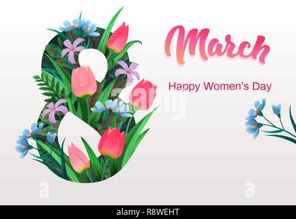 Bonne journée de la femme, flyer, carte de félicitations le 8 mars avec des fleurs Illustration de Vecteur
