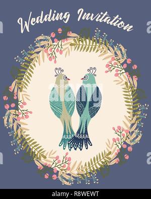 Illustration en couleurs avec l'intérieur d'oiseaux couple de fleur , Illustration de Vecteur