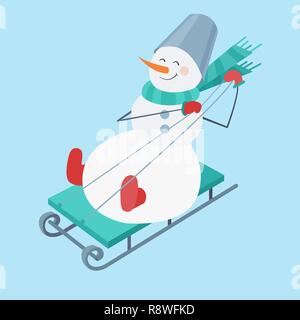Traîneau. Bonhomme portant un foulard rayé et un seau sur la tête. Nouvelle Année. Vector illustration. Illustration de Vecteur
