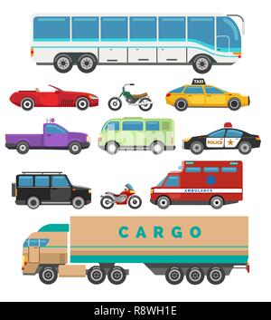 Véhicule urbain défini. Jeu de voitures de ville, avec des transports d'illustration vectorielle et de la police, taxi et bus télévision motorcycleurban Illustration de Vecteur