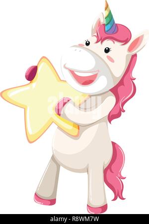 Cute pink unicorn holding star illustration Illustration de Vecteur