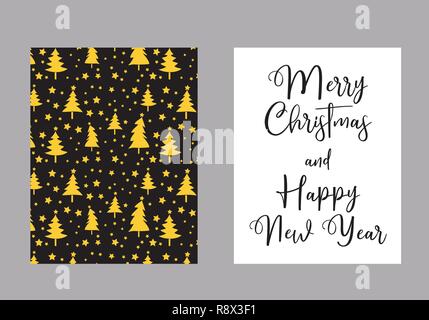 Joyeux Noël et Bonne Année carte vectorielle, Noël trois schéma dans fond noir et doré Illustration de Vecteur