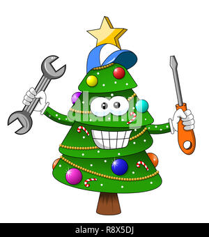 Joyeux noël sapin homme repariman ou réparer la fixation de caractères avec un tournevis et une clé dynamométrique isolée Banque D'Images