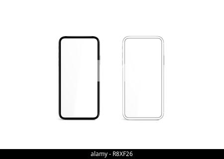 Écran blanc en noir et argent cadre téléphone immersive, rendu 3D. La maquette tactile du smartphone vide, isolé. Écran clair modèle de bureau, vue de face. Banque D'Images