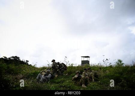 Les membres de la Royal Australian Air Force n°1 de l'Escadron des Forces de sécurité, U.S. Air Force 824e Escadron de défense de la Base et 736e ESF attendre les ordres tout en participant à la formation de terrain SF l'effort pendant l'effort à faire face au nord sur la base aérienne d'Andersen, Guam, mars. 1, 2017. Faire face nord est chaque année un exercice multilatéral visant à améliorer les opérations de l'air entre la U.S. Air Force, U.S. Navy, Japan Air Self Defense Force et de la Royal Australian Air Force. Banque D'Images