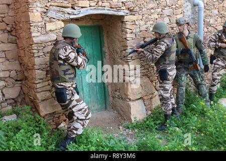 Les membres de la Gendarmerie royale marocaine des forces d'Amed Special operations forces servir comme un élément de sécurité au cours d'un raid d'action directe, le 3 mars, lors de l'exercice Flintlock 2017. Ils sont rejoints par un Marine U.S. Marine Corps de Commandement des opérations spéciales, des Forces canadiennes. Tout au long de l'exercice, MARSOC Marines et leurs homologues marocains s'entraînent ensemble, le raffinage tactiques, techniques et procédures sur plusieurs profils de mission complète. Banque D'Images