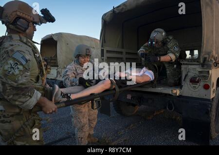 Les aviateurs de l'US Air Force sécuriser un patient pendant l'Emerald Warrior 17 Eglin à portée, en Floride, le 3 mars 2017. Emerald Warrior est un commandement des opérations spéciales des États-Unis au cours de l'exercice qui joint Special operations forces canadiennes s'entraînent pour répondre aux différentes menaces dans toute la gamme des conflits. Banque D'Images
