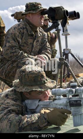 Corps des Marines des États-Unis Le Cpl. Tyler Harbert, et de la Marine, le Maître de 3e classe Bryce Meeker, en vue de leurs points cible au cours de l'effort à Somagahara la lumière de la forêt, le Japon, le 8 mars 2017. Feu de forêt est l'une des diverses possibilités de formation bilatérales menées par la masse japonais Self Défense et l'avant du Corps des Marines américain déployé leurs forces pour démontrer l'engagement durable des deux pays à la paix, la stabilité et la prospérité dans la région. Harbert, sous-chef d'équipe, et Meeker, un hôpital corpsman, sont avec sniper scout peloton, Compagnie de Golf, 2e Bataillon, 3e Régiment de Marines, wh Banque D'Images