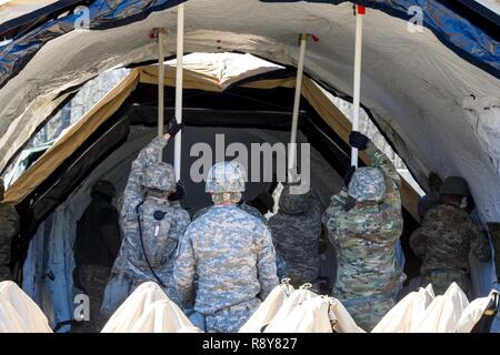 Des soldats américains affectés à la 251st Compagnie médicale de soutien de secteur, en Caroline du Sud, de la Garde nationale de l'Armée de commencer à recevoir leurs premiers patients simulés dans un exercice de formation conjointe au Camp, Fretterd Reisterstown, Maryland, le 8 mars 2017. La 251st avec la 231e compagnie de produits chimiques à partir de la Garde nationale Maryland participent à un exercice de validation du nord de l'armée américaine où ils seront la mise en place d'une zone de triage médical et remplir au point de rassemblement. Banque D'Images