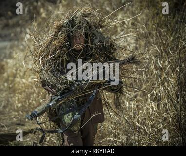 Un Japon d'Autodéfense de masse du scoutisme prépare son sniper ghillie suit dans le cadre de l'exercice léger à Somagahara Forêt 17-1, Japon, le 10 mars, 2017. Feu de forêt est l'une des diverses possibilités de formation bilatérale menée par JGSD et déployé des forces marines des États-Unis pour démontrer l'engagement durable des deux pays à la paix, la stabilité et la prospérité dans la région. Les soldats japonais sont à 30e Régiment d'infanterie et des partenariats avec les Marines du 2e Bataillon, 3e Régiment de Marines. Banque D'Images
