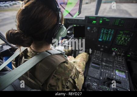 Le Capitaine Amanda Montague, 774e Escadron de transport aérien expéditionnaire C-130J Hercules, le pilote effectue des listes de pré-vol, le 8 mars 2017 à l'Aérodrome de Jalalabad, en Afghanistan. Montague est en ce moment à son deuxième séjour en Afghanistan. Banque D'Images