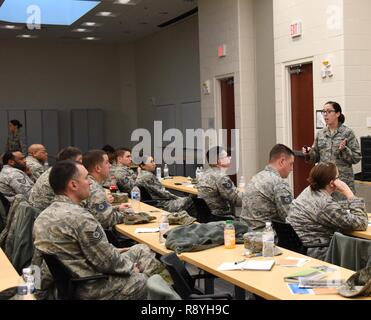 Bethany Beach, Del- Tech. Le Sgt. Christine Pfeiffer, membre du personnel de soutien du commandement, 166e Airlift Wing, fournit des conseils pour la rédaction de rapports d'évaluation technique de soldats de la 166e sergents Airlift Wing. Le California Air National Guard sergents technique Symposium a eu lieu à partir de mars 6-7 2017 à la plage de Bethany Site de formation. Banque D'Images