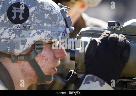 L'ARMÉE AMÉRICAINE Pvt. Daniel Malo, un incendie Spécialiste des contrôles avec la 101st Airborne Division (Air Assault), utilise un télémètre désignateur laser léger 2H pour fournir un appui-feu acquisition d'objectifs et de reconnaissance au cours de l'appui aérien rapproché avec la formation des pilotes aux commandes d'un AH-1W Super Cobra hélicoptère de combat et d'un hélicoptère UH-1Y Venom au cours de l'exercice guerrier 78-17-01 le 17 mars, 2017 at Joint Base McGuire-Dix-Lakehurst. Contrôles d'incendie affectés au siège de spécialiste et le Siège Batterie, 3e Bataillon, 320e Régiment d'artillerie, avec la direction de la Société A (EAS Banque D'Images