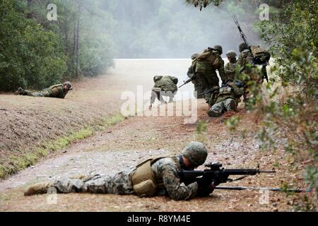 Marines affectés à basse altitude 2e Bataillon de défense aérienne, Marine Air Control Group 28, 2nd Marine Aircraft Wing simuler un blessé lors d'engin explosif à bord formation voie Marine Corps d'atterrissage auxiliaire Bogue, N.C., 10 mars 2017. La formation, organisée par l'Escadron de soutien de l'aile Marine, Marine 274 Groupe d'aéronefs 29, 2nd Marine Aircraft Wing, 2e enseigne LAAD ne. Comment détecter les marines d'IED lors d'une patrouille. Banque D'Images