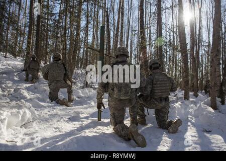 Affecté à une compagnie de parachutistes, 6e bataillon du génie de la Brigade d'infanterie, 4e Brigade Combat Team (Airborne), 25e Division d'infanterie de l'armée américaine en Alaska, attendre pour commencer l'entraînement au tir réel au peloton d'infanterie Battle Course sur Joint Base Elmendorf-Richardson, Alaska, le 17 mars 2017. L'exercice aiguisé les parachutistes de l'infanterie des compétences telles que la communication et le mouvement de peloton, obstacle violer et la capture d'un objectif intermédiaire de voies de fait et de manœuvre. Banque D'Images