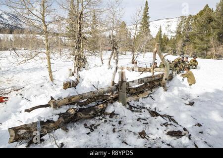 Les Marines américains à l'assaut de la mobilité, 1re compagnie du Bataillon de Génie de Combat (CEB), 1 Division de marines reste après la construction d'un crib journal obstacle pendant l'exercice d'entraînement en montagne (MTX) 2-17 au Marine Corps Mountain Warfare Training Center, Bridgeport, Californie, Mars 16, 2017. 1CEB a terminé l'exercice final du MTX 2-17, un cycle en trois parties composée d'initiation d'avalanche, de la violer, la mise en place d'obstacle et la coupe d'arbres à l'aide d'explosifs. Banque D'Images