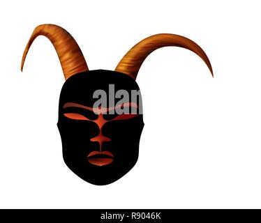 Masque à cornes antique rituel de style africain. Masque noir avec des cornes d'or. Illustration de Vecteur