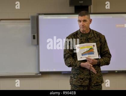 U.S. Marine Corps Brig. Le général Jason Q. Bohm, général commandant du Commandement de l'instruction, l'adresse de marine de Marine Corps Combat Service Support les écoles (MCCSSS) lors de sa visite au Camp Johnson, N.C., 1 mars 2017. Le brig. La visite du général Bohm était d'observer et de discuter de la manière dont les plans des MCCSSS avec nid la commande de formation et de Plan de campagne pour l'examen des progrès réalisés sur le Programme de développement du leadership, la lecture et l'écriture de programmes, et de l'emploi de la Force des instructeurs de conditionnement physique. Banque D'Images