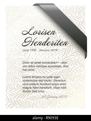 Modèle de carte de funérailles avec feuilles d'or et ruban noir dans le coin Illustration de Vecteur