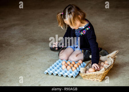 Fille à genoux sur le sol, placer les oeufs dans un panier. Banque D'Images