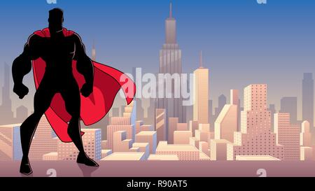 Super-héros debout Tall dans City Silhouette Illustration de Vecteur