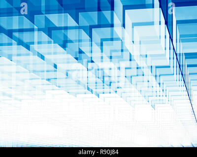 Flying cubes blanc et bleu fond perspective - généré par l'ordinateur abstrait 3d illustration. Technologie de l'avenir ou de science-fiction en toile de fond. Pour p Banque D'Images