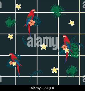 Vecor transparente motif géométrique exotiques avec des cellules, des perroquets, des fleurs, des plumes. Illustration de Vecteur