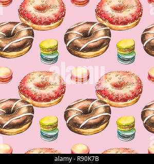 Donut aquarelle illustrations isolé sur fond blanc. Avec motif transparent donuts colorés avec le glaçage et paillettes. Banque D'Images