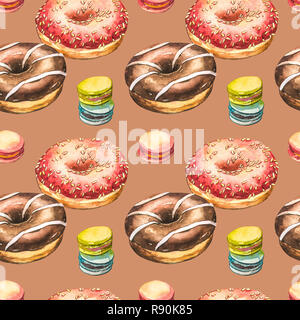 Donut aquarelle illustrations isolé sur fond blanc. Avec motif transparent donuts colorés avec le glaçage et paillettes. Banque D'Images