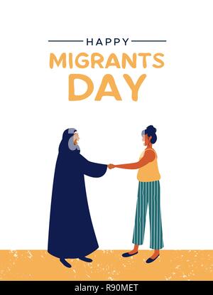 Journée internationale des migrants, l'illustration de carte de vœux d'amis femmes rencontre de différentes cultures différentes pour les migrations à l'aide de réfugiés ou d'hiver Illustration de Vecteur