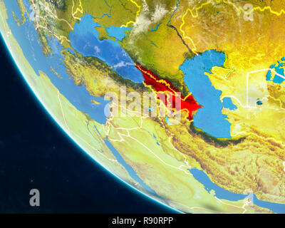 La région du Caucase, sur la planète Terre depuis l'espace avec des frontières du pays. Des détails très fins de la surface de la planète et les nuages. 3D illustration. Éléments de cette imag Banque D'Images