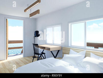 Cette chambre moderne blanc intérieur avec terrasse et vue sur la mer dans la région de villa resort, 3D Rendering Banque D'Images