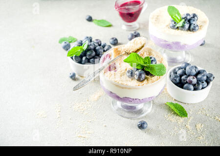 Dessert d'été doux, pas de bleuets gâteau au fromage au four à verre, inversé gris stone background copy space Banque D'Images