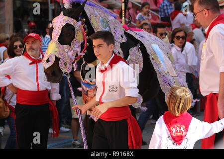 Garçon avec un cheval en costume brodé à la parade à Los Caballos del Vino Caravaca de la Cruz. La broderie est utilisé pour faire le costume de cheval Banque D'Images